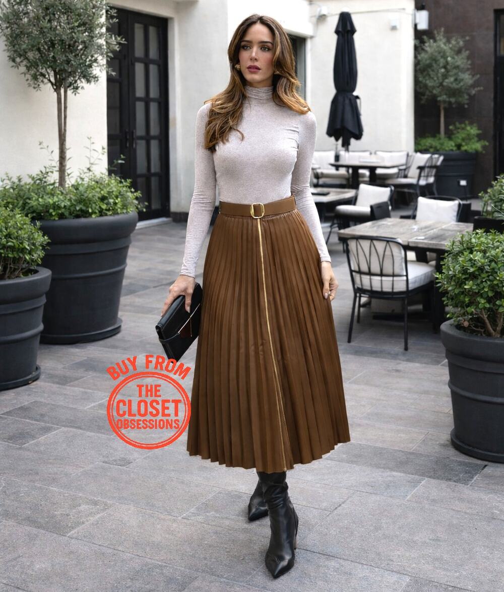 Zara Whiskey Brown Faux Leather Pleated Midi Skirt NWT High Waist Old Money